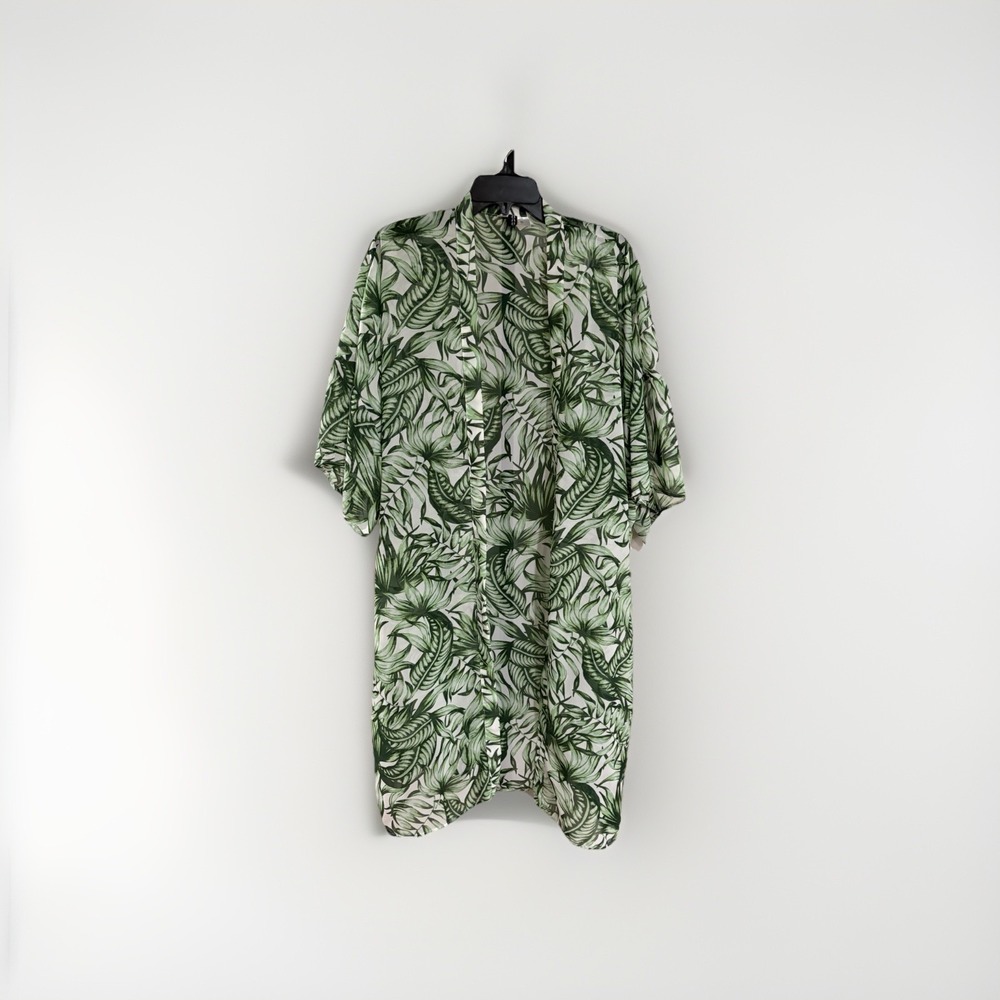 Divided by H&M womens cape coverup cardigan green swim floral M/L EUC P74